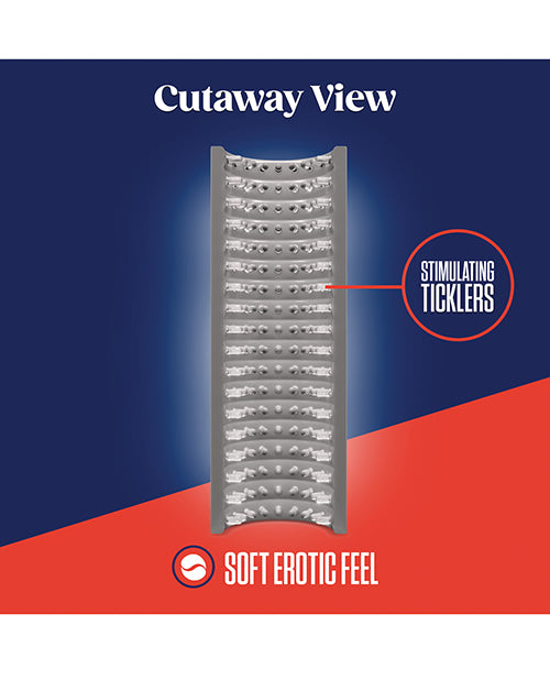 Product with 'Cutaway View' label, showing ticklers on a blue and red background.