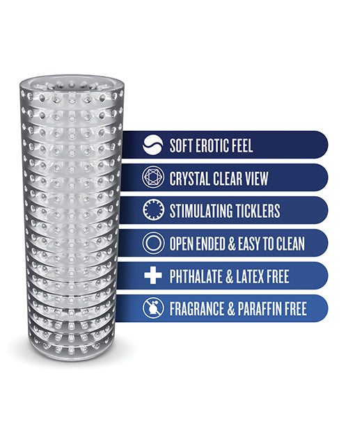 Clear cylindrical product with features listed on a blue background