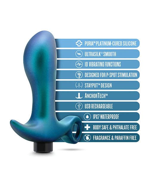 Blue silicone butt plug with feature list on a white background