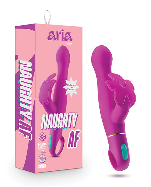 Purple toy with 'aria' branding and 'Naughty AF' text on a pink box.