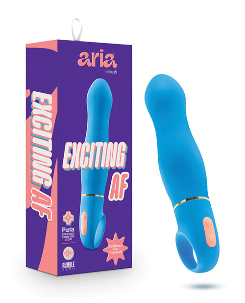 Blue electronic device with 'aria' packaging on a white background
