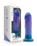Blue and purple silicone product with packaging on a white background