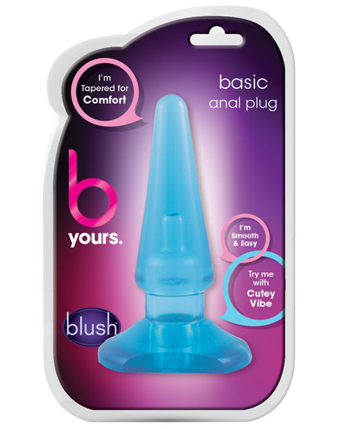 Blue anal plug in packaging with 'b yours' branding on a purple background