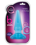 Blue anal plug in packaging with 'b yours' branding on a purple background
