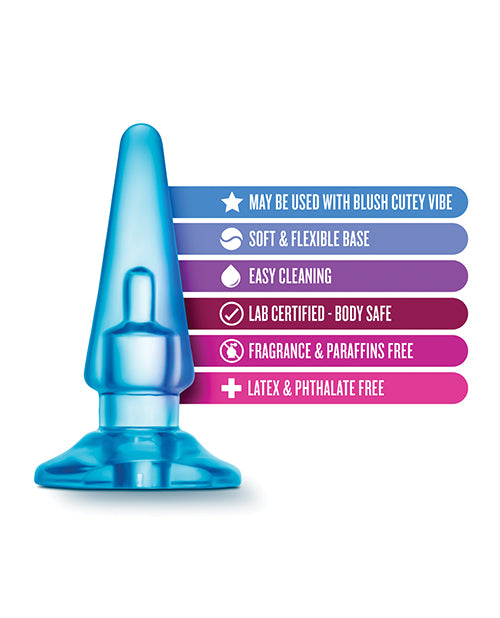 Blue plastic product with features listed on a white background