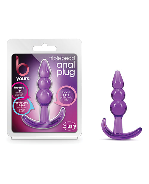Purple triple bead anal plug with packaging on a white background