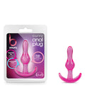 Pink curvy anal plug with packaging labeled 'b yours' on a white background
