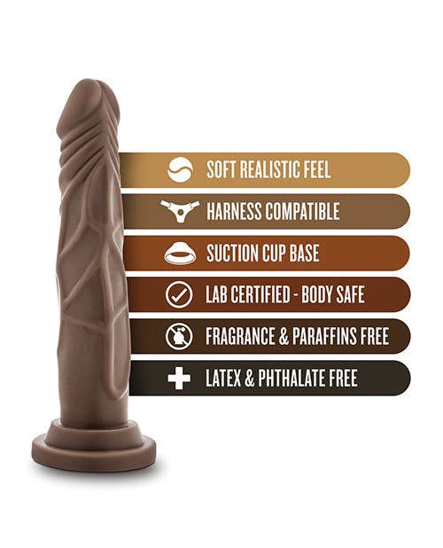 Chocolate-like product with features listed on a white background