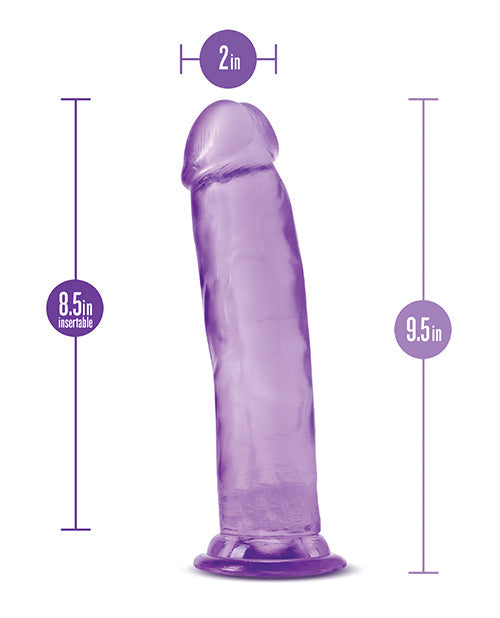 Purple dildo with measurements on a white background