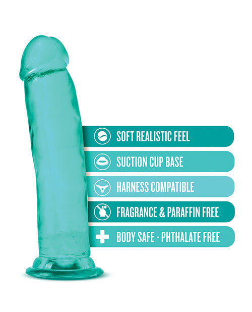 Turquoise silicone product with features listed on a white background