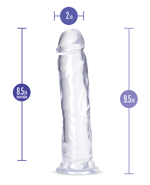 Clear cylindrical object with measurements indicated on a white background