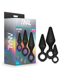 Black silicone butt plugs with 'Anal Adventures' packaging on a white background