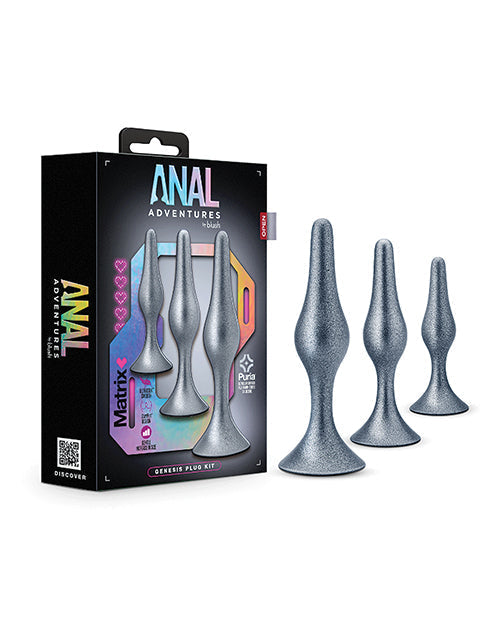 Box of Anal Adventures product with three metallic plugs on a white background