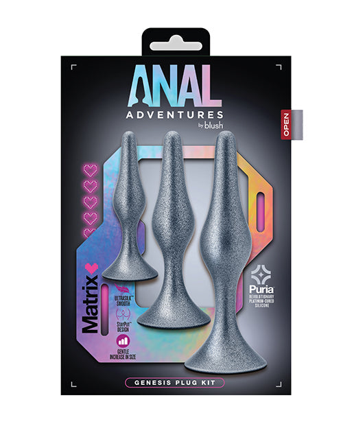 Packaging of Anal Adventures Genesis Plug Kit with three metallic plugs.