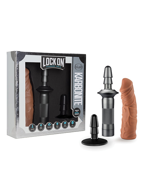 Sexual product set with packaging labeled 'Lock On' on a white background