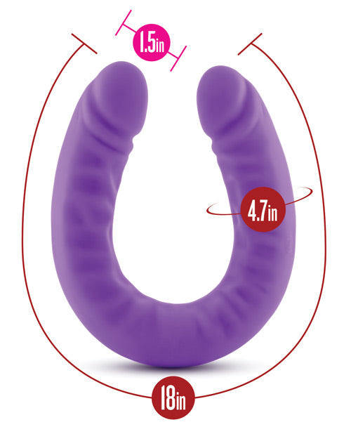 Purple U-shaped object with measurements on a white background