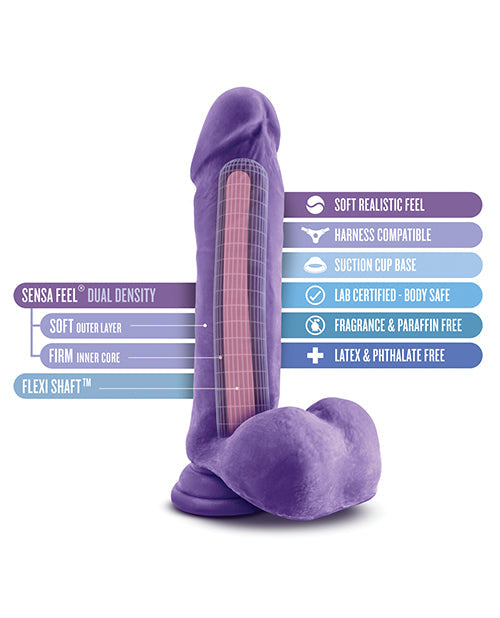 Purple toy with features listed on a white background