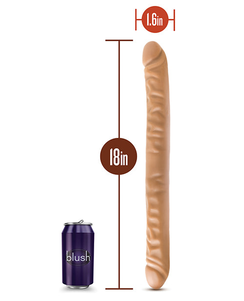 Product with dimensions shown next to a can of blush on a white background