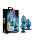 Set of teal anal plugs with packaging labeled 'Anal Adventures' on a white background