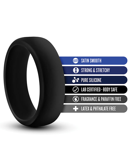 Black silicone ring with feature text on a white background