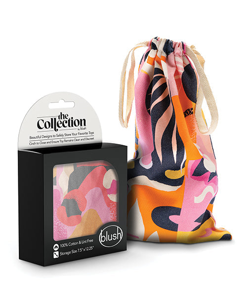 Colorful drawstring bag with packaging labeled 'the Collection' and 'blush'.