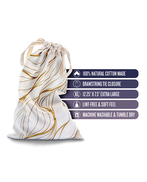 White drawstring bag with gold accents on a white background, featuring product details.