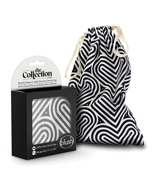 Black and white patterned drawstring bag with packaging labeled 'the Collection' by Blush on a white background.