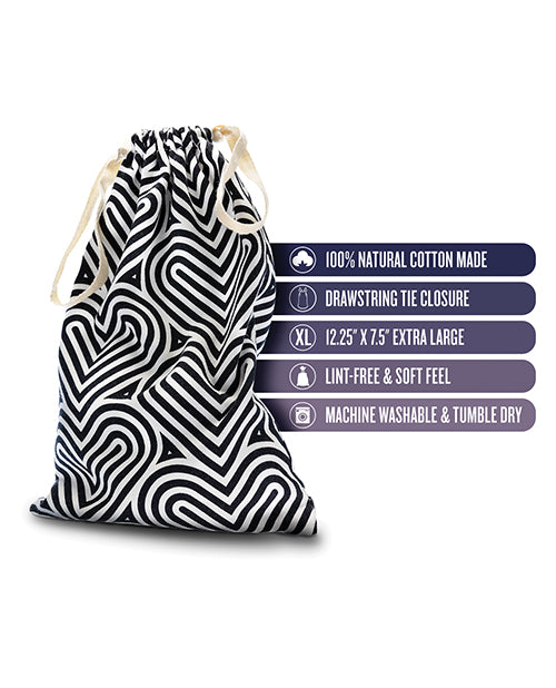 Drawstring bag with zebra pattern and product details on a white background
