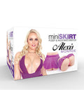 Product packaging for a mini skirt styled as a masturbator with a model on a white background