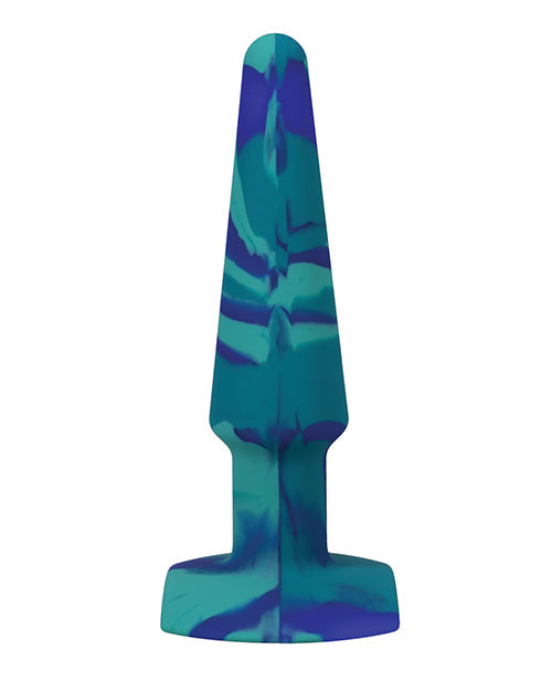 Blue and green camouflage-patterned object on a white background