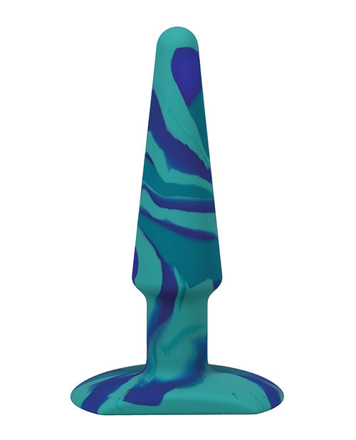 Blue and green striped object on a white background
