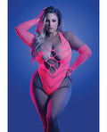 Model wearing a pink cut-out bodysuit with matching gloves against a blue background
