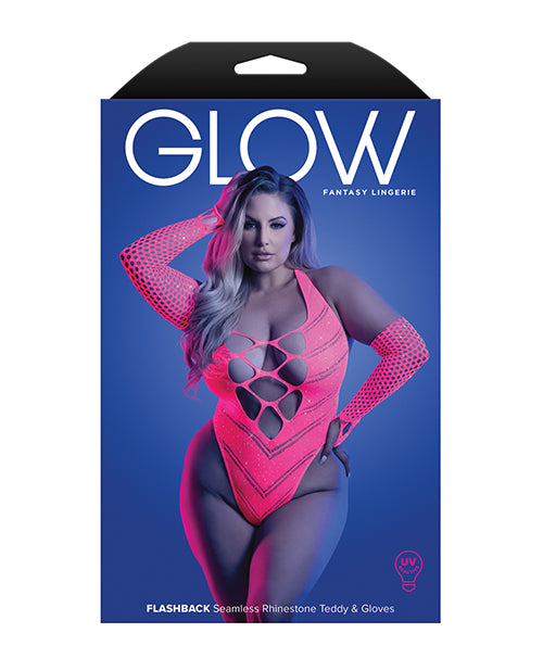 Glow Fantasy Lingerie packaging with a model wearing pink lingerie and fishnet gloves on a blue background.