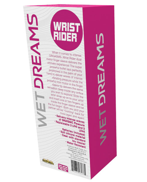 Pink and white packaging of 'Wrist Rider' product with text on a white background