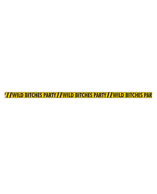 Yellow caution tape with 'Wild Bitches Party' text on a white background