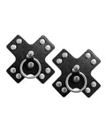 Pair of black metal products with circular rings on a white background