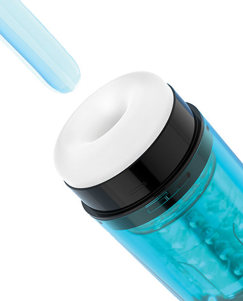 Blue water bottle with white cap and black sleeve on a white background