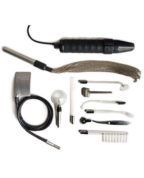 Collection of stimulation tools including a light, probes, and other instruments on a white background