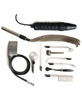 Collection of stimulation tools including a light, probes, and other instruments on a white background