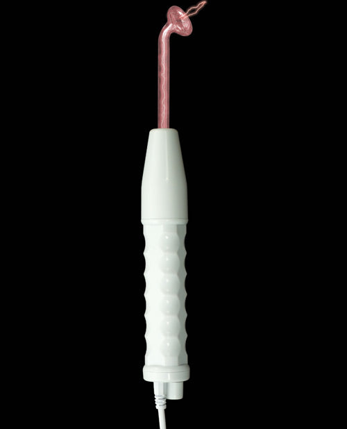 Dental tool with a white handle and pink head on a black background