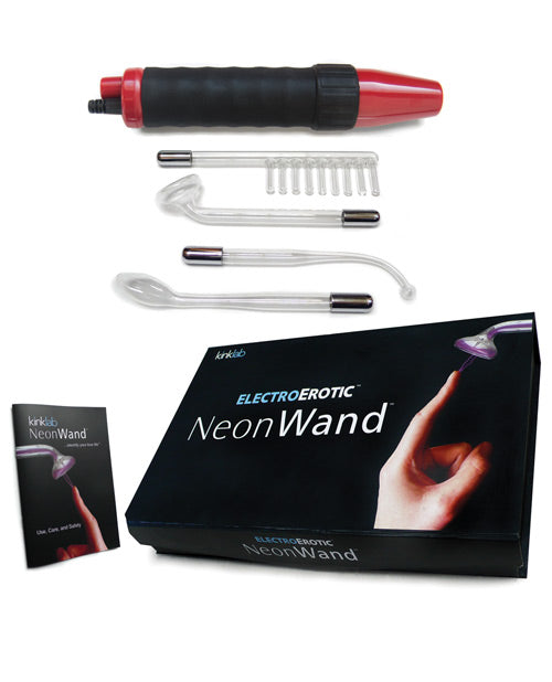 NeonWand electroerotic device with packaging and accessories on a white background