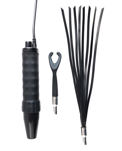 Black tire repair tool set with handle, lever, and metal components on a white background
