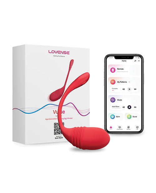 Red app-connected sex toy with LOVENSE branding and a smartphone displaying an app interface.