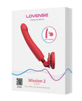 Red Lovense Mission 2 product on a white box with branding and product details.