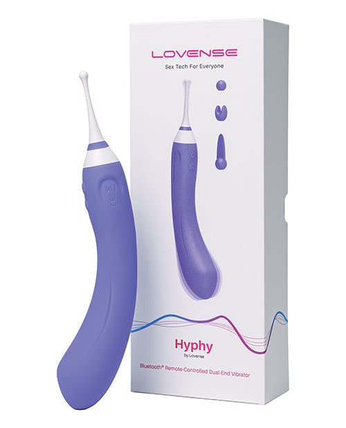 Purple remote-controlled dual-end vibrator with Lovense packaging on a white background