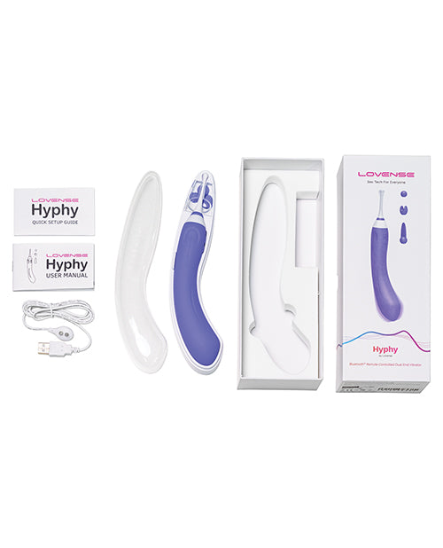 Purple and white electronic device with packaging and manual on a white background