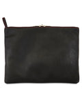 Black leather pouch with a gold zipper on a white background