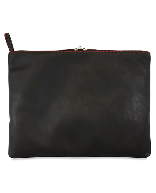 Black leather pouch with a gold zipper on a white background