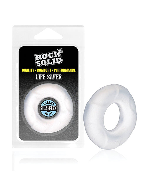 Clear silicone ring with packaging labeled 'Rock Solid' on a white background