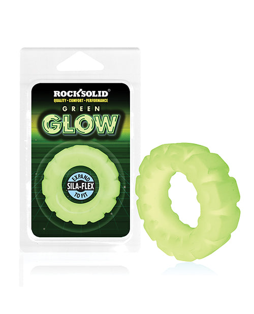 Green rubber ring with packaging labeled 'RockSolid' on a white background